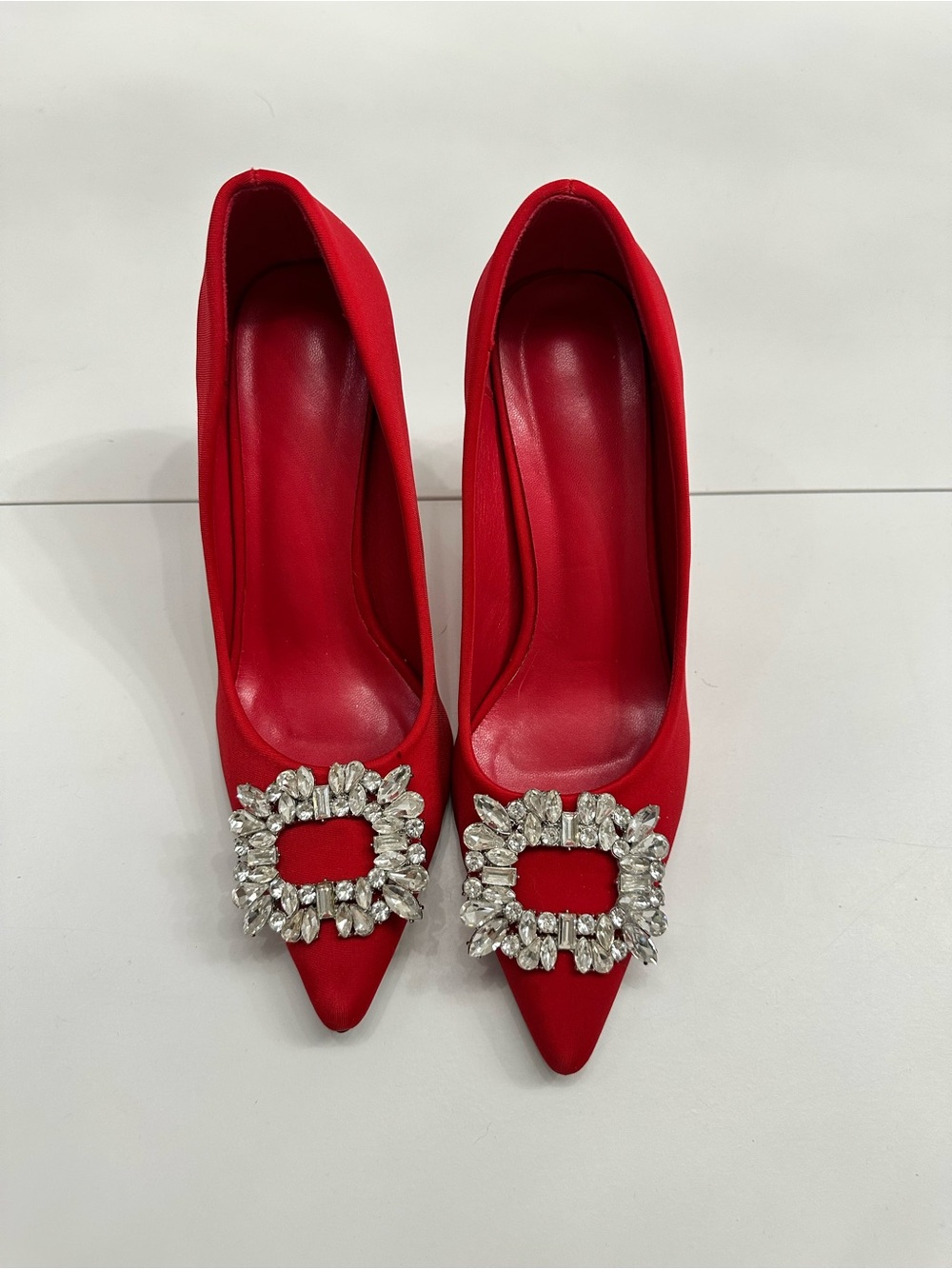 Amazon Red Satin Pointed Toe Heels with Crystal Buckles